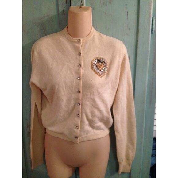 VINTAGE CARDIGAN SWEATER BEADED PEARL CREST RHINESTONE BUTTONS - Picture 11 of 14